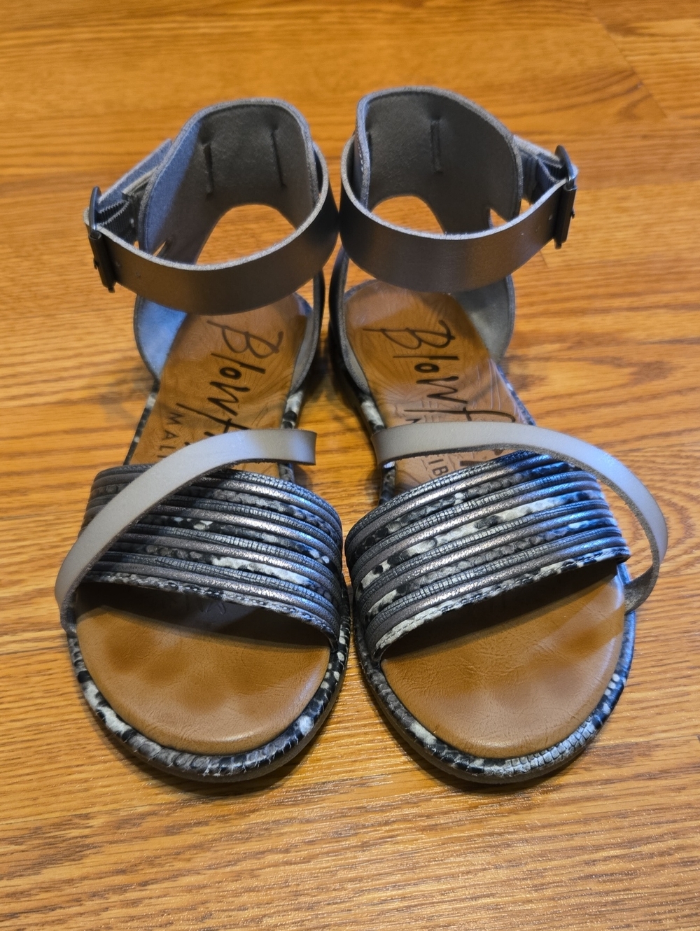 Blowfish Taupe and Metallic Stripe Ankle-Strap Sandals